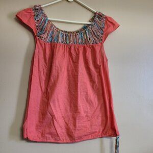 LUCKY BRAND BOHO STYLE TOP WITH ACCENTS AROUND NECK LARGE PASTEL COLORS